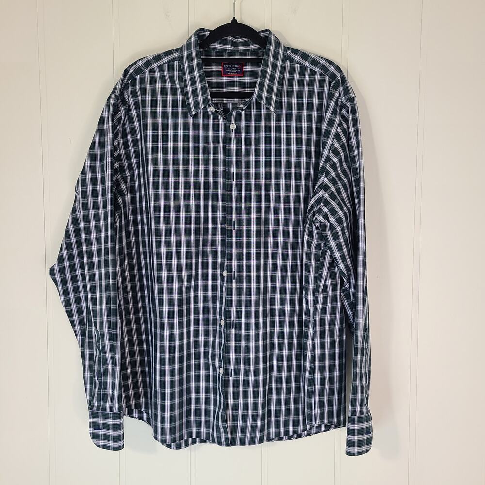 UNTUCKit Men's XXL Long Sleeve Button Down Shirt Green Navy Plaid Wrinkle Free